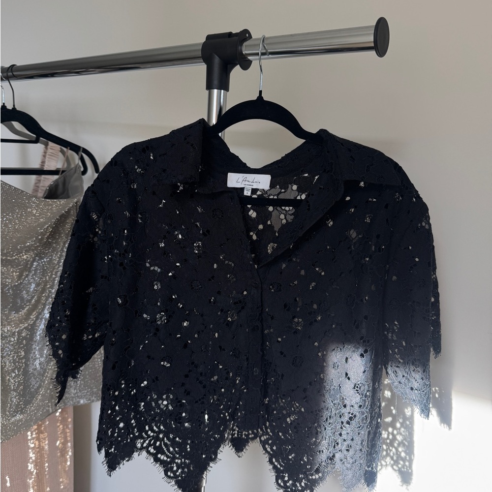 L'Agence Black Lace Cropped Blouse